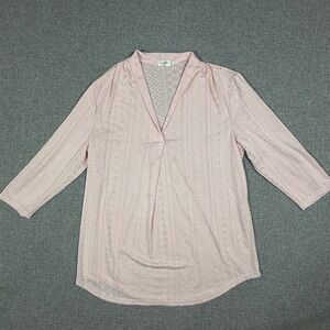 Miselon Eyelet V-Neck Blouse Womens Large Pink 3/4 Sleeve Soft Romantic Coquette
